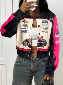 Slaydiva 2025新款早秋冬休闲街头日常约会机车复古棒球夹克口号Logo杏色拼接黑绿印花落肩长袖宽松外套针织面料女装 - 玫紅色 - 查看 7