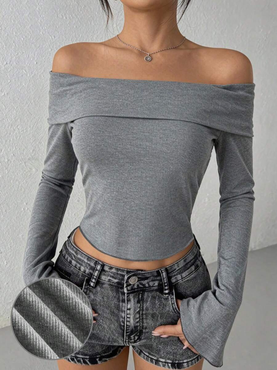 SHEIN EZwear Top moulant à manches longues évasées et épaules dénudées pour femmes, convient pour l'automne/l'hiver - Gris foncé - Voir 1