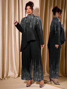 Cravure Set de 2 piezas talla grande para mujer: Blusa de manga larga con cuello mao, bajo asimétrico y estampado de agua, y pantalón de pierna ancha con estampado de agua