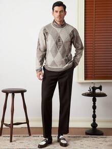 Core Aspect Men's Casual Loose Fit Rhombus Plaid Pattern Dropped Shoulder Sweater, Autumn/Winter - Multicolor - View 3