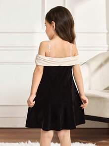 SHEIN Young Girl Elegant Off-Shoulder Color Block Bow Decor Velvet Waist Ruffle Hem Dress,Black&Apricot,Suitable For Halloween,Christmas,Autumn,Party Dress - Black - View 2