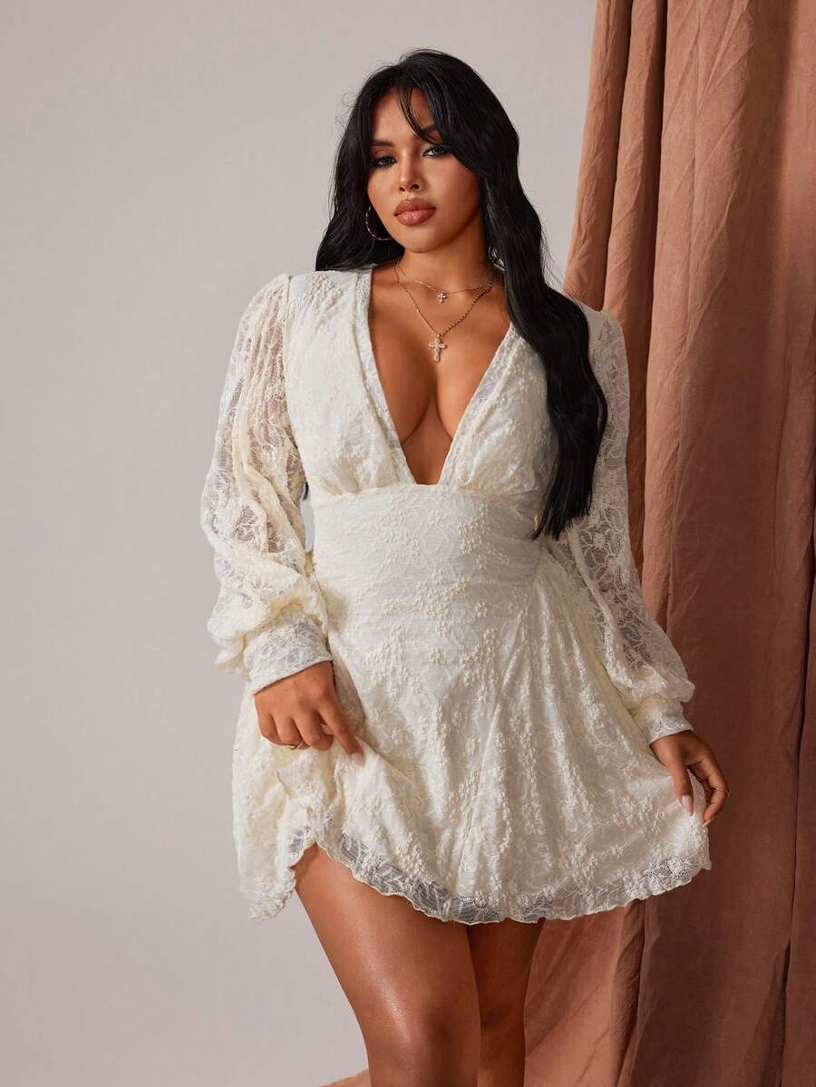 Rustia Women's Low V-Neck Lace French Elegant Vacation Long Sleeve Dress, Autumn/Winter - Apricot - View 1