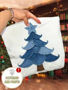 EMERY ROSE Christmas Tree Print Casual Long Sleeve Round Neck T-Shirt, A Gift For Friends - White - View 1