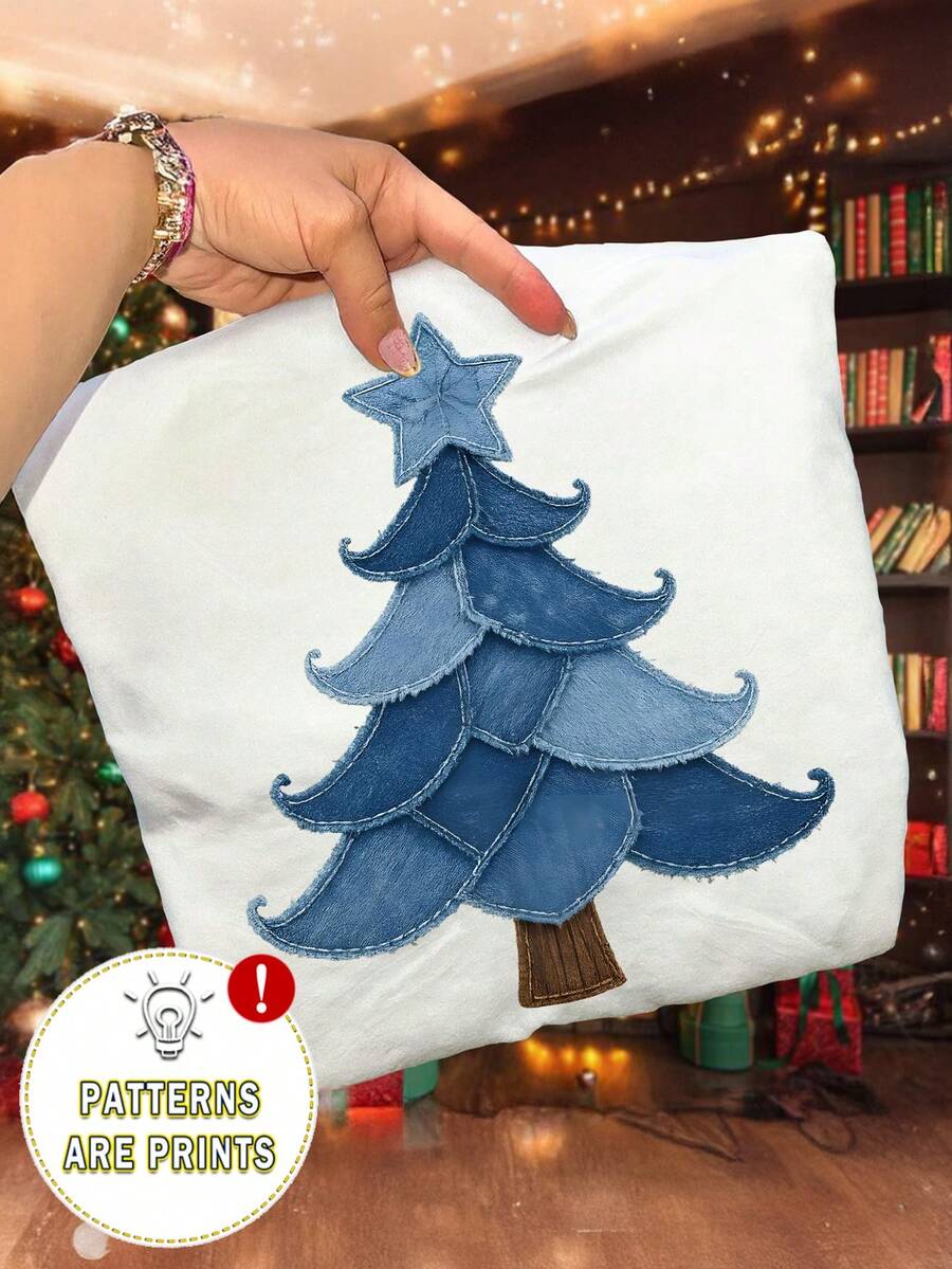 EMERY ROSE Christmas Tree Print Casual Long Sleeve Round Neck T-Shirt, A Gift For Friends - White - View 1