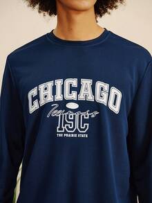 Open Phase 男士花卉字体复古美式圆领卫衣 | 芝加哥字母印花 | 休闲街头服饰，秋冬 - 藏蓝色 - 查看 7