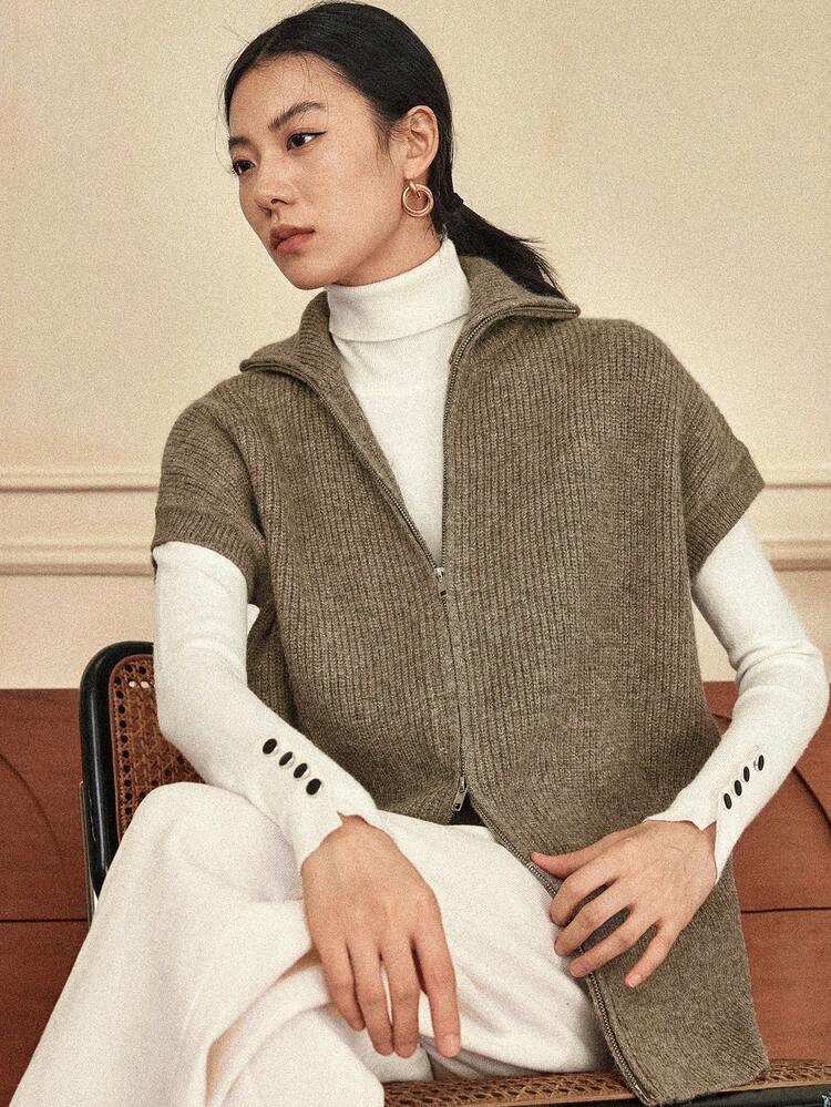 Women's Elegant Sleeveless Cardigan, High Neck Casual Business Style Knit Sweater, Autumn/Winter