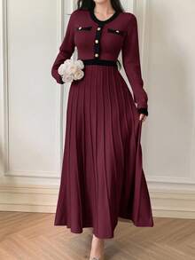 DAZY 女式优雅拼色圆领毛衣裙，秋季