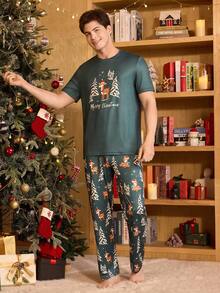 CoupledUp Christmas Theme Print Men Casual Short Sleeve Pajama Set - Green - View 6