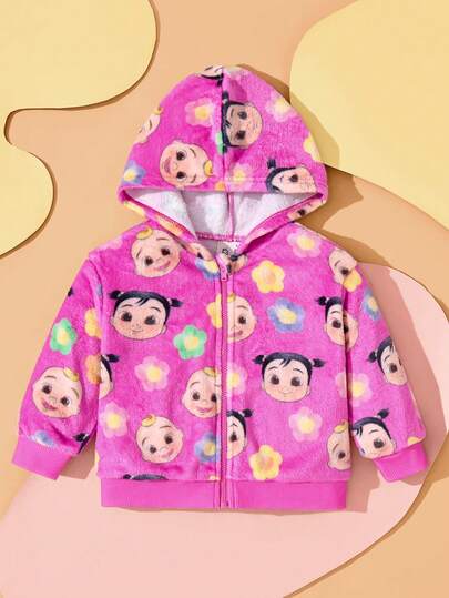 CoComelon X SHEIN Baby Girl Cute Cartoon Graphic Long Sleeve Hooded Zip-Up Comfortable Flannel Sweatshirt