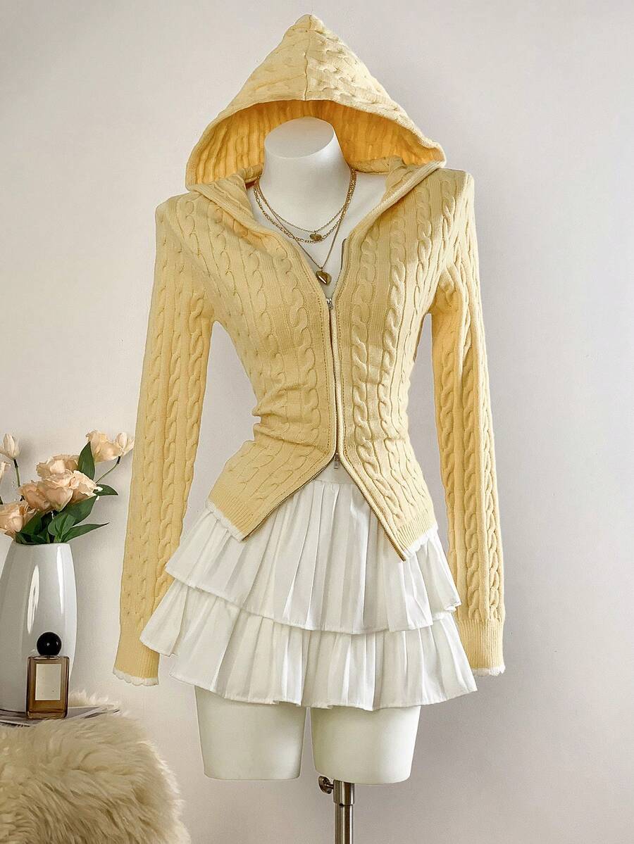 Sweetra 女式简约甜美黄色长袖连帽拉链开衫针织毛衣，秋冬 - 黃色 - 查看 1