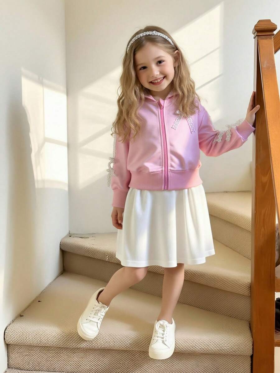 Elladie kids 少女白色可爱蕾丝蝴蝶结连帽夹克 - 粉色 - 查看 1