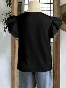 Mellowie 大码女式日常休闲优雅纯黑色圆领双层小飞袖宽松衬衫，女式夏季服装，女式度假服装，女式夏季服装，女式外出上衣 - 黑色 - 查看 2