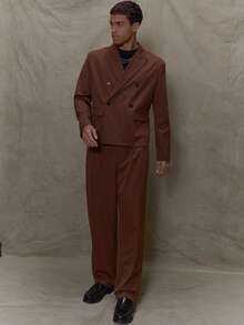 Musero 男士宽松短款双排扣翻领西装外套 春夏剪裁正装 - 棕色 - 查看 5