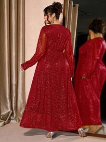 Cravure Váy dài tay cổ chữ V màu đỏ thanh lịch họa tiết lá vàng cỡ lớn - Đỏ - Xem 2