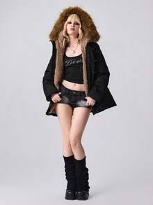 ROMWE 畅销仿毛领夹棉大衣，女士厚实保暖休闲派克大衣，宽松时尚外套，冬季新品 - 黑色 - 查看 1