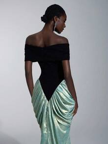 Elitara Elegant Luxurious Black & White Satin Patchwork Coated Fabric Asymmetric Off Shoulder Drop Shoulder Ruched Fishtail Hem Formal Evening Gown - Baby Blue - View 3