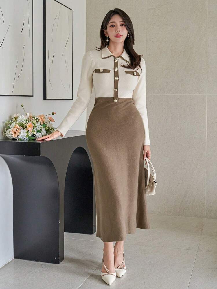 Women's Elegant Contrast Color Collar Knitted Sweater Dress, Autumn
