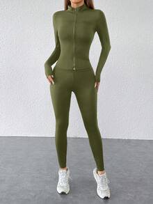 SHEIN PETITE 黑色两件套运动服拉链夹克和紧身裤 - 軍綠色 - 查看 3