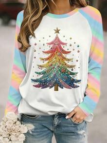 EMERY ROSE Casual Colorful Christmas Tree Print Round Neck T-Shirt Women, Long Sleeve Pullover Top - Multicolor - View 3