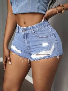 Slaydiva Quần short denim bó sát thường ngày có túi rách cho nữ cỡ lớn - Rửa nhẹ - Xem 4