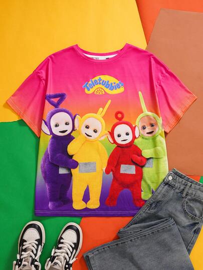 Teletubbies X SHEIN 大码可爱卡通渐变印花圆领短袖T恤，夏季