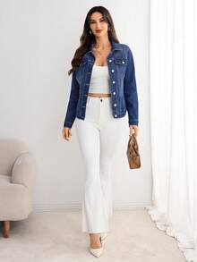 Elenzga Casual Loose Long Sleeve Front Button Women Denim Jackets - Dark Wash - View 4