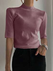 DAZY Áo len nữ cổ cao ôm sát, tay lửng, chất liệu gân nổi. - Màu tím - Xem 5