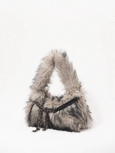 Grunge Punk 2000s Style Women Shoulder Bags,Punk  Rivet Biker Bags,Fur Purse ,Autumn & Winter Wallets, Hobo Handbag(Random Pattern)