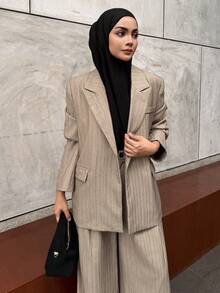 DAZY Women's Casual Striped Suit & Wide Leg Pants Set, Autumn Business Attire Modest Fashion - Khaki - View 7