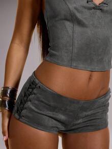 MUSERA Suede Hot Pants Micro Mini Shorts Bottom Only Summer Vacation Holiday Festival Sexy Club Rave After-Show Cute Ibiza Boho Elegant Winter Fall - Grey - View 1