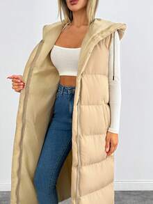 EURMUSE Solid Color Hooded Sleeveless Pockets Long Hooded Padded Coat - Beige - View 6