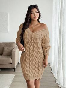 Vionelle 加大码 V 领波浪下摆抽绳麻花针织图案长袖毛衣裙，纯色，休闲时尚，适合秋冬 - 卡其色 - 查看 4