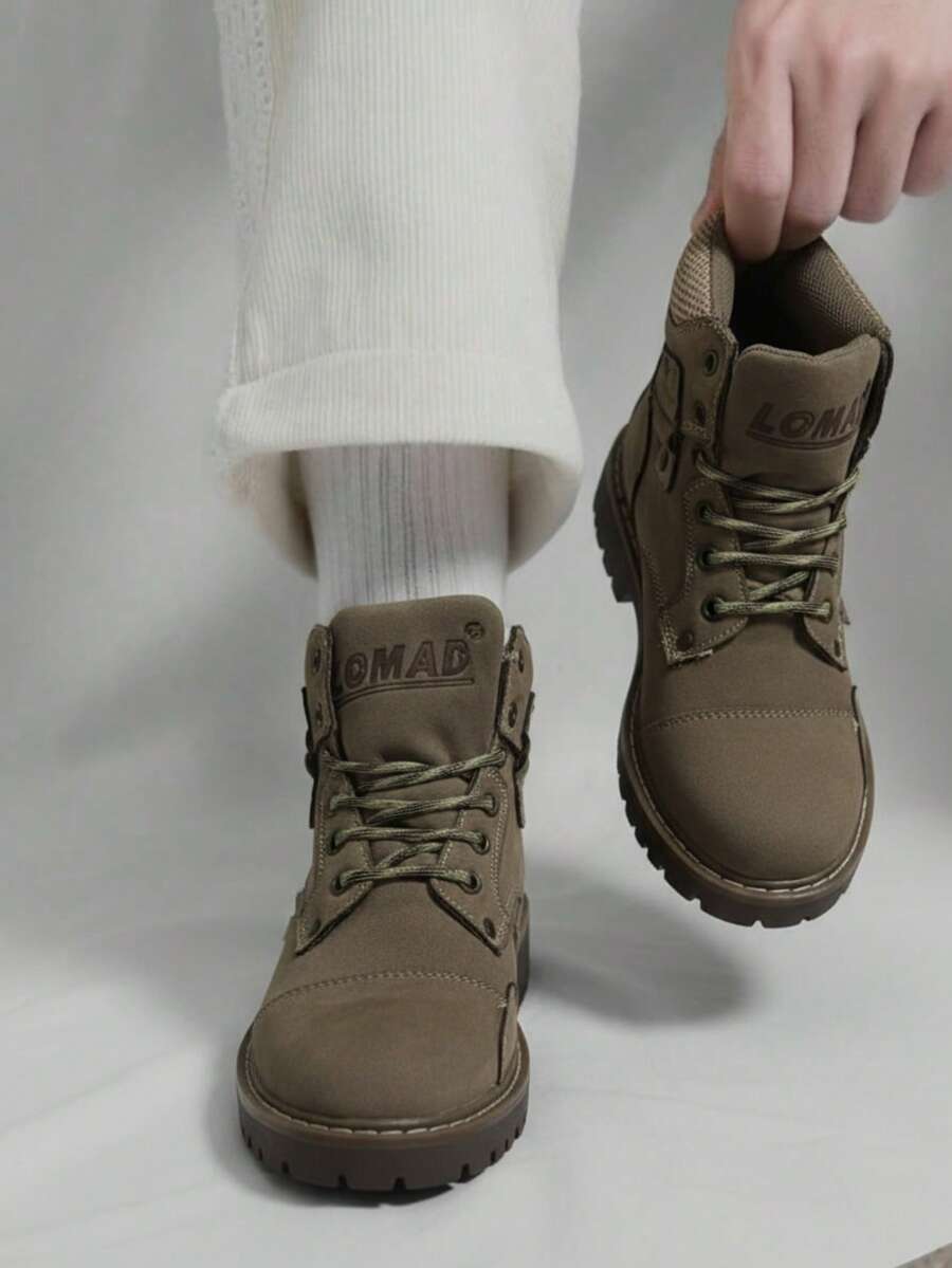 Botas para hombre-Gamuza resistente costuras dobles, punta redonda, cordones reforzados, suela gruesa antideslizante, estilo outdoor, para hiking y trabajo, botas de senderismo - Caqui - Ver 1
