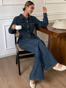 DAZY 女士牛仔翻领收腰开衫搭配直筒裤，休闲优雅牛仔套装，Y2K风格 - 深色水洗藍 - 查看 6