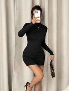 SHEIN PETITE Novo vestido suéter feminino básico de malha elástica alta com ajuste fino para outono/inverno - Preto - Ver 7