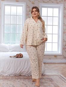 CottageSlumber 大码女式樱桃格纹印花翻领长袖上衣和裤子睡衣套装，樱桃图案睡衣套装，柔软舒适，女士睡衣套装，纽扣式睡衣，冬季服装 - 彩色 - 查看 4