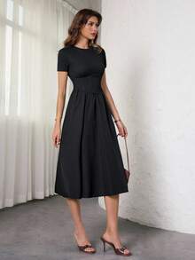 SHEIN Tall Casual Black Solid Color Fishbone Tape Decor Short Sleeve Mid-Length Dress, Tall Version Extended Length