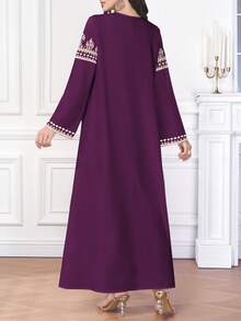 SHEIN Najma 女式优雅阿拉伯风格花卉条纹印花 V 领长袖连衣裙，春秋装 - 彩色 - 查看 2