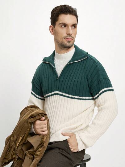 Manfinity CityGents Suéter casual de manga larga con cremallera y contraste de color para hombres, suéter con cremallera de manga larga casual y de moda para hombres en otoño/invierno, ropa de hombre, jersey para hombres con cuello alto. Es genial para parejas y hace una excelente idea de regalo para novios u esposos. Suéter de estilo "old money".