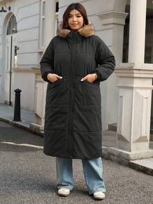 SHEIN Frenchy 大码女式长款羽绒服，休闲黑米色毛领时尚大码羽绒服，秋冬季百搭单品 - 黑色 - 查看 6