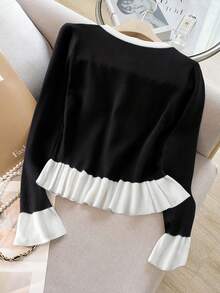 Regalyn Plus Size Elegant Color Block Ruffle Hem Sweater, Autumn/Winter