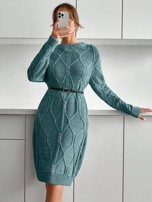 EURMUSE Women Sweater Dress With Cable Knit Grey - Mint Green - View 5