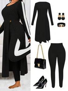 SHEIN LUNE Conjunto de 2 piezas de top de manga larga acanalado y pantalones para mujer de talla grande