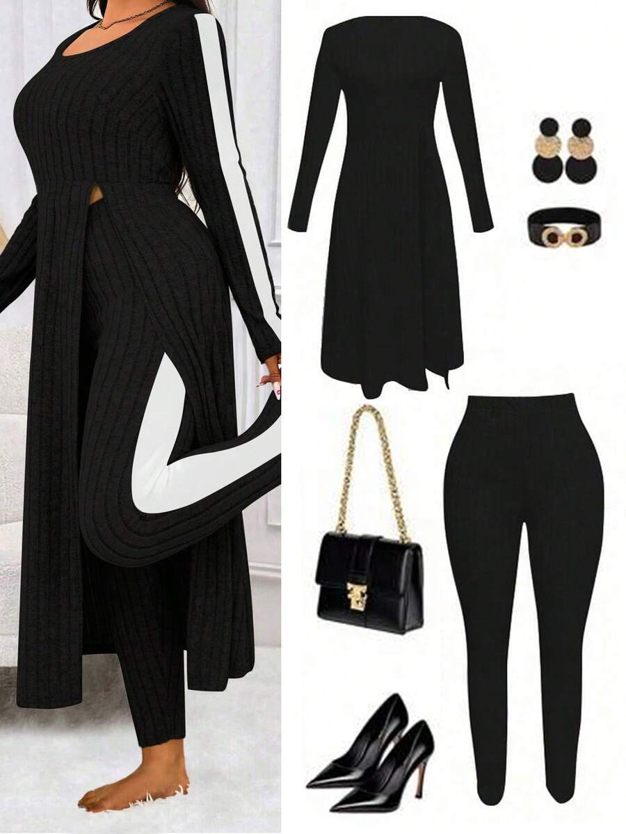 SHEIN LUNE Conjunto de 2 piezas de top de manga larga acanalado y pantalones para mujer de talla grande