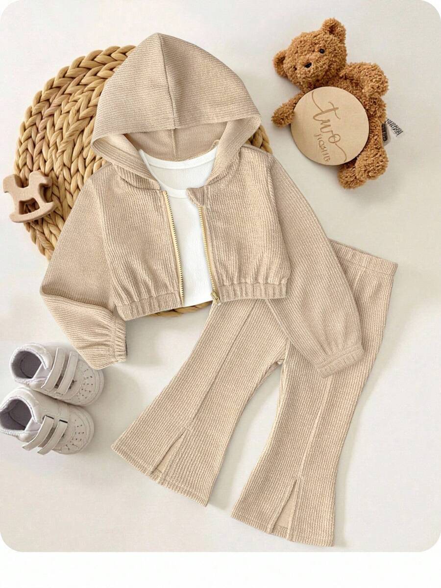 Baby Girl Loose Casual Hooded Cardigan And Flare Pants Set Baby Set Autumn Winter Season Neutral Baby Clothes New Born Neutral Outfit Mocha Baby Clothes Baby Casual Sets - Khaki - View 1