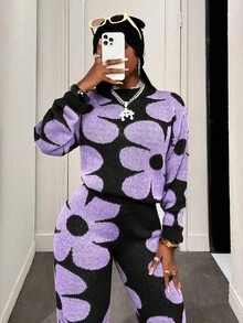 BamGleam 女士花卉图案落肩长袖毛衣和阔腿裤休闲套装，秋冬 - 淡紫色 - 查看 6