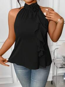 Elenzga Blusa de mujer talla grande con cuello halter sin mangas, con decoración 3D de volantes y flores en un unicolor - Negro - Ver 7