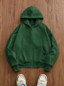 Manfinity Unisex Áo hoodie dài tay thêu họa tiết Anh dáng rộng thoải mái cho nam - xanh quân đội - Xem 2