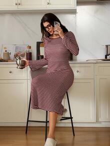 SHEIN 条纹菠萝图案长袖女式睡袍，秋冬 - 彩色 - 查看 5