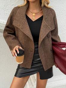 DAZY Women's Turndown Collar Short Casual Knitted Blend Jacket, Autumn/Winter Women Coats - Khaki - View 7